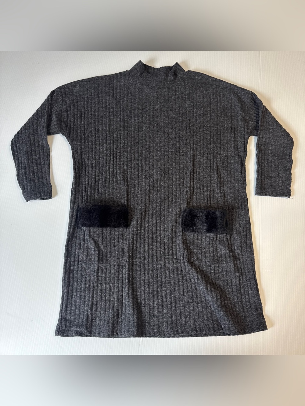 Charcoal Gray Ribbed Sweater Dress Faux Fur Pockets Dark Academia Small